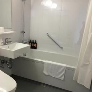 a bathroom with a sink and a bath tub with a sink at Petit Hotel Blanc Fleur in Nakafurano