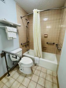 a bathroom with a toilet and a tub and a sink at Newnan Nook in Newnan
