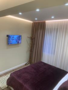 a bedroom with a purple bed and a window at Manga guesthouse in Gjirokastër