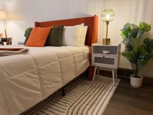 ガトリンバーグにあるBest Location Downtown Gatlinburg Private Apartmentのベッドルーム1室(ベッド1台、植物のあるテーブル付)