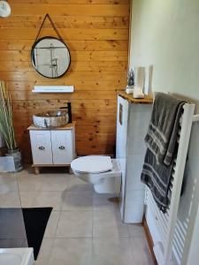 a bathroom with a white toilet and a mirror at Domaine des Pins La cabane au bord de l'eau 