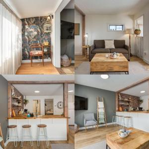 eine Collage aus vier Bildern eines Wohnzimmers in der Unterkunft The Crooked Lady Cozy Bungalow near Downtown Calgary with Free Parking in Calgary