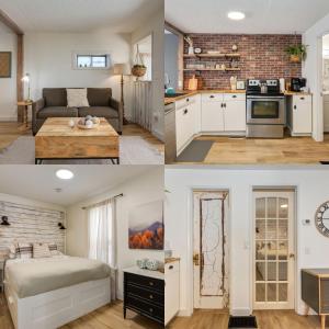 4 Bilder von einer Küche und einem Wohnzimmer in der Unterkunft The Crooked Lady Cozy Bungalow near Downtown Calgary with Free Parking in Calgary