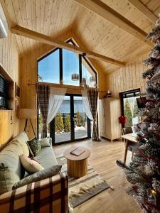 ein Wohnzimmer mit einer Couch und einem Weihnachtsbaum in der Unterkunft Domek pod Gubałówką LAS i WODA in Zakopane