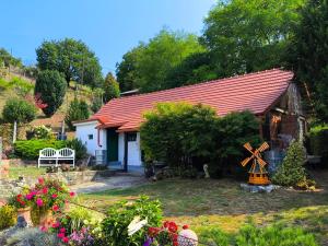 a small house with a windmill in the yard at Apartmaji Divji vrt in Lendava