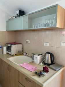 a kitchen counter with a sink and a microwave at A beautiful apartment in Karmiel in Karmiel