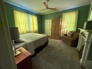 a bedroom with green walls and a bed and a fan at 2 Bedroom 2 Bath Fun Vibes NO PET FEES in New Orleans