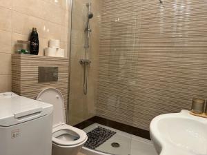 een badkamer met een douche, een toilet en een wastafel bij Apartament Słoneczny 16 in Opole +26 foto's