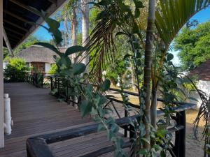 a wooden deck with a table and a palm tree at Sagrada Guest House in Mthatha