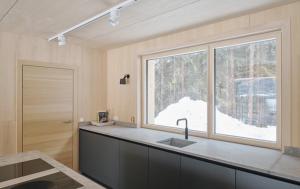a kitchen with a sink and a large window at Z91 - Skandi-Architektenhaus mit Bergblick in Bad Mitterndorf