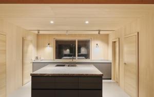a kitchen with an island in the middle of a room at Z91 - Skandi-Architektenhaus mit Bergblick in Bad Mitterndorf +22 photos