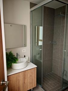 a bathroom with a sink and a glass shower at Loft Centro Zapopan in Guadalajara