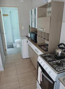 una cocina con estufa horno superior junto a un baño en Refugio del bosque, en Chaitén