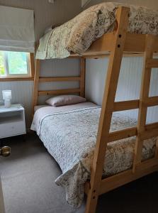 1 dormitorio con 2 literas y escalera en Refugio del bosque, en Chaitén