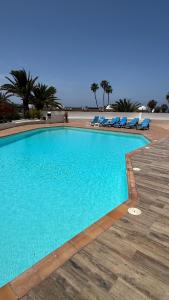 a large swimming pool with blue chairs and palm trees at Las Americas 200 B apartment in Costa de Adeje +13 photos