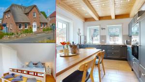 a kitchen with a table and a house at Tills Hüs in Utersum