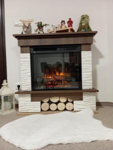 a fireplace in a living room with a fire at Vila Veles in Dolný Kubín