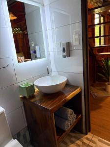 a bathroom with a bowl sink and a mirror at Casa Oropéndola Refugio natural en Guanacaste in Bagaces