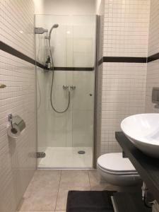a bathroom with a shower and a toilet and a sink at Green House Apartment in Kaunas +12 photos