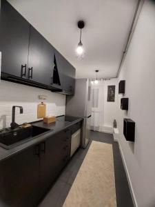 een keuken met zwarte kasten en een spoelbak bij Hera Exclusive Stay in Timişoara