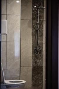 a bathroom with a shower with a toilet in it at Dzhorgovata Guesthouse in Govedartsi +42 photos