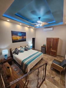 Casa Flor del Desierto في لوريتو: غرفة نوم بسرير وسقف ازرق