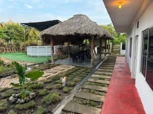 a house with a thatch roof and a dog standing in the yard at Hotel Paradise in Isla Fuerte