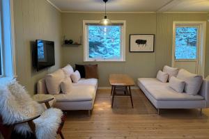 ein Wohnzimmer mit zwei Sofas und einem Fernseher in der Unterkunft Coastal Comfort Ure in Vestvågøya