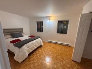 Charming Family Home in Peaceful Laval في لافال: غرفة نوم بها سرير ونافذتين