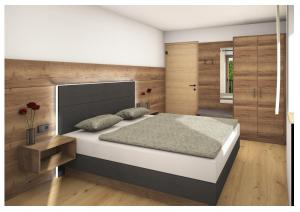 1 dormitorio con 1 cama grande y paredes de madera en Historic Residence Barbara, en Colle Isarco