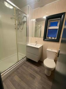 um banheiro com vaso sanitário, chuveiro e pia em Allon Manor De'Grey em Hull