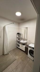 ein Badezimmer mit Waschmaschine und Waschbecken in der Unterkunft Premstätten Hofbauerweg 11 Ap 8 
