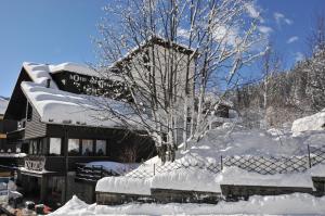 pokryty śniegiem budynek z drzewem przed nim w obiekcie Hotel Europa w Madonna di Campiglio
