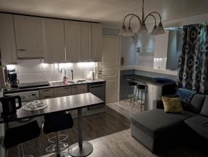 a kitchen and living room with a table and a couch at Arctic Red House in Rovaniemi
