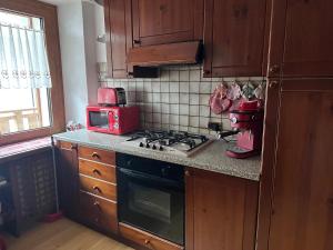 a kitchen with a stove and a red microwave at Casa Capon in Santo Stefano di Cadore
