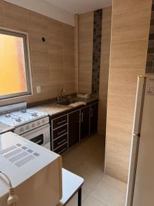 Departamentos Premium - 2 Ambientes - Excelente ubicación في ميرامار: مطبخ مع موقد ومغسلة وثلاجة