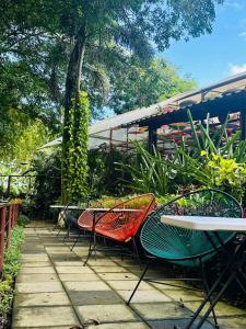 a group of chairs and tables on a patio at La Pérgola lodge in Sarapiquí