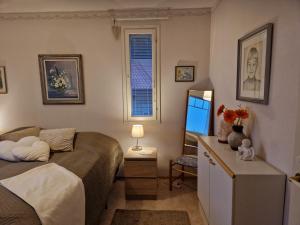 Villa Karhurinne في ليمبالا: غرفة نوم بها سرير وتلفزيون