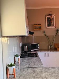 a kitchen with a stove and a microwave at Graceful Getaway Air B&B in Rundu