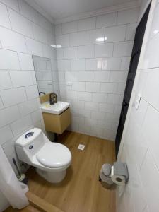 a small bathroom with a toilet and a sink at Habitación doble love con baño privado in Curicó +15 photos
