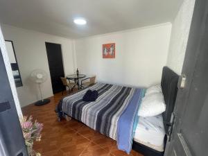a bedroom with a bed and a table in it at Habitación doble love con baño privado in Curicó