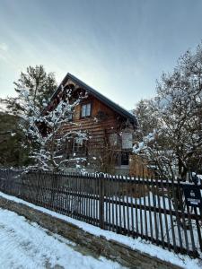 Ujsoły Chill House في ويسولي: منزل خشبي مع سور في الثلج