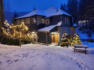 a house decorated with christmas lights in the snow at Apartmány Svatý Mikuláš in Janske Lazne +31 photos