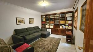 een woonkamer met een bank en een boekenplank bij Luxury 3lvl House in Telde