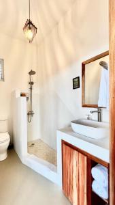 a bathroom with a sink and a toilet and a mirror at Searenity Octopus Cottage in Port Antonio