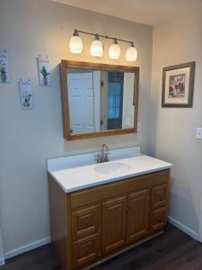 Cozy 3 4 BR Home Ideal for Family في كلاركسبورغ: حمام مع حوض ومرآة