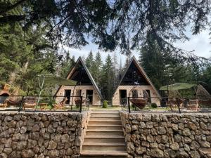 una casa con una pared de piedra y escaleras que conducen a ella en Green Hideaway SPA, en Žabljak