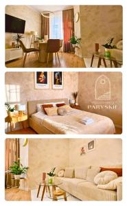 two pictures of a bedroom with a bed and a living room at Apartamenty Paryskie Old Town View in Toruń