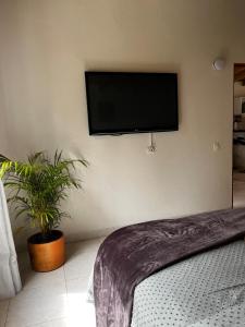 a bedroom with a flat screen tv on the wall at Casa Moderna en el Bosque Jacuzzi y Deck Privado in Mazo