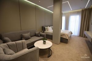 Resort Anes Drinit في بيخا: غرفة معيشة مع أريكة وسرير